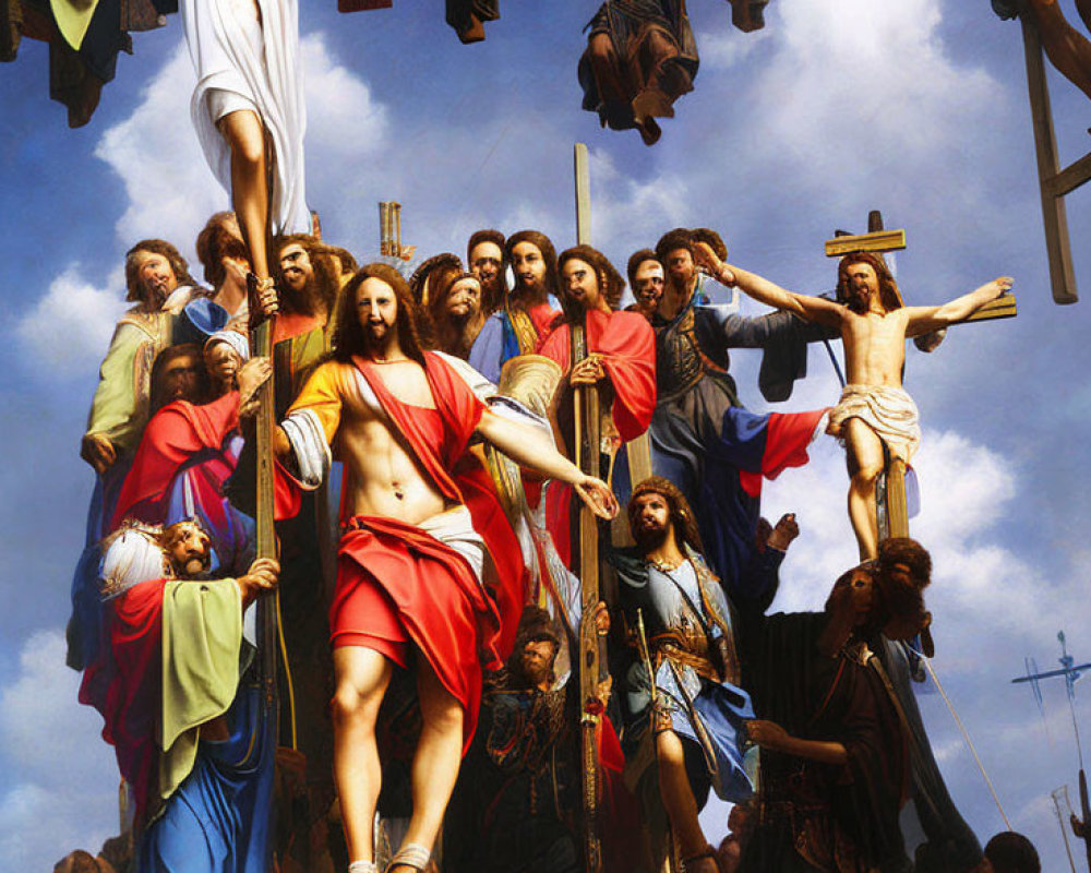Dramatic painting of multiple crucifixions under cloudy sky