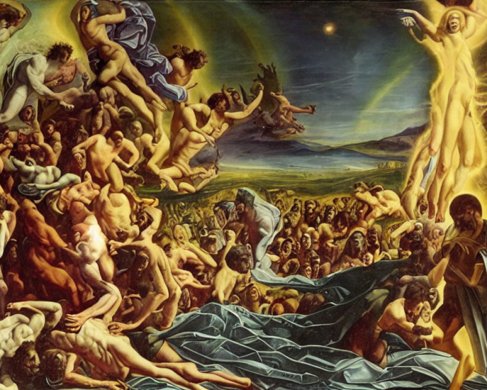Dramatic painting of nude figures reaching celestial body