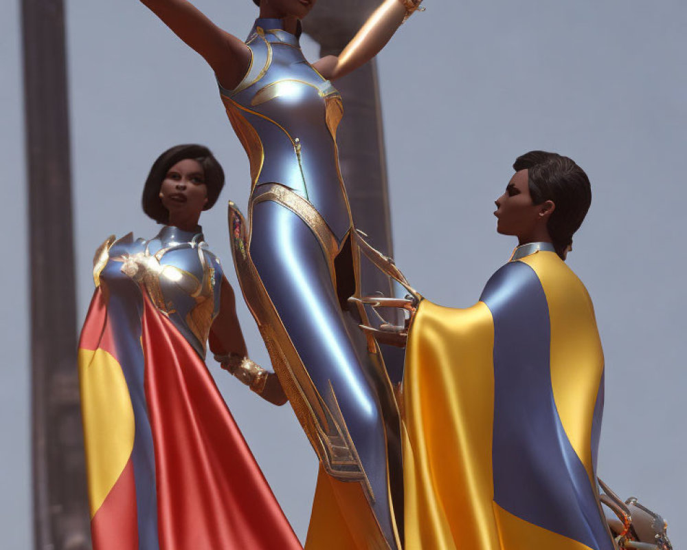 Three individuals in futuristic blue and gold outfits with cape-like extensions against a blurred architectural background