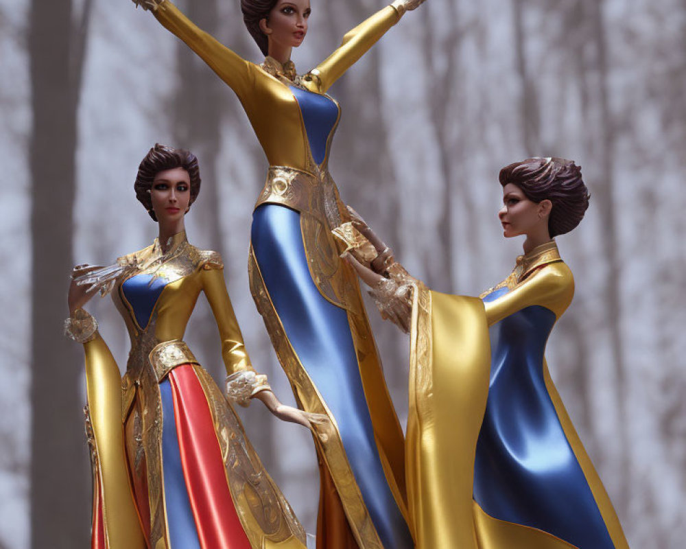 Three female figures in blue and yellow gowns with red capes, dancing in a forest