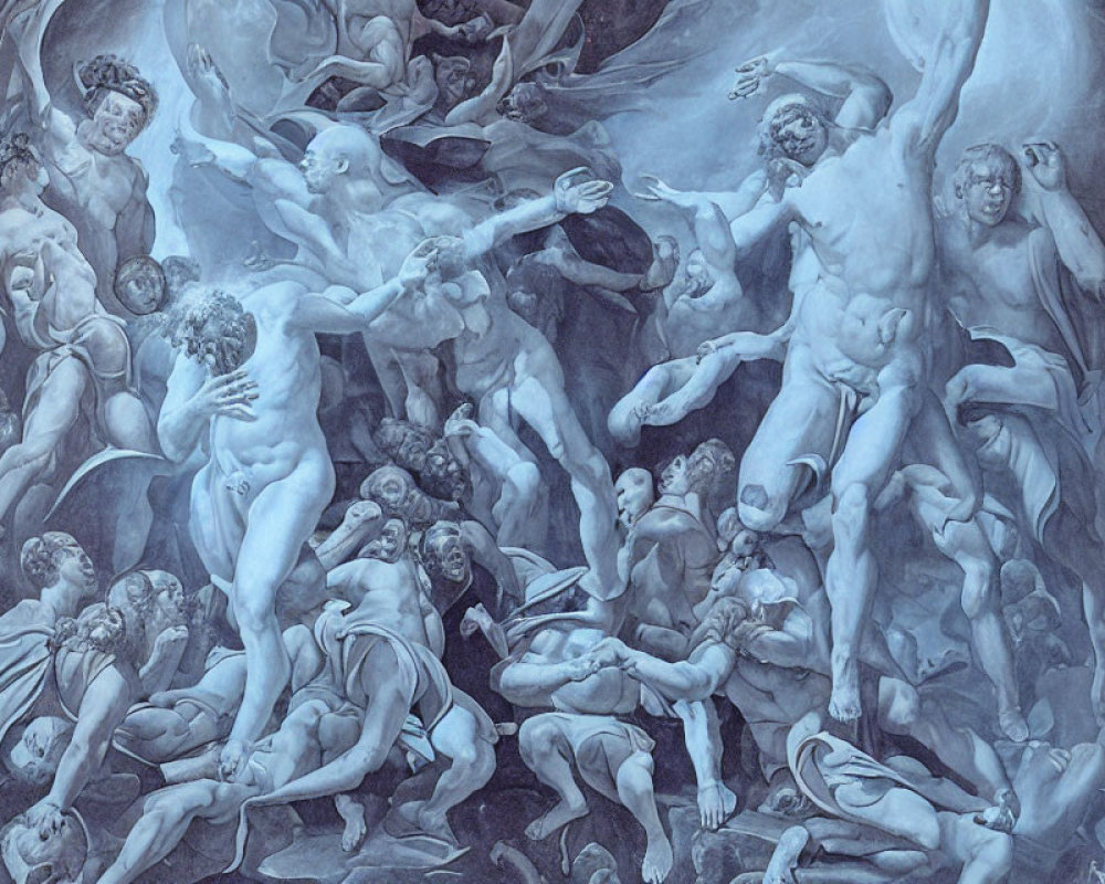 Monochromatic painting of nude figures in dynamic poses against swirling backdrop