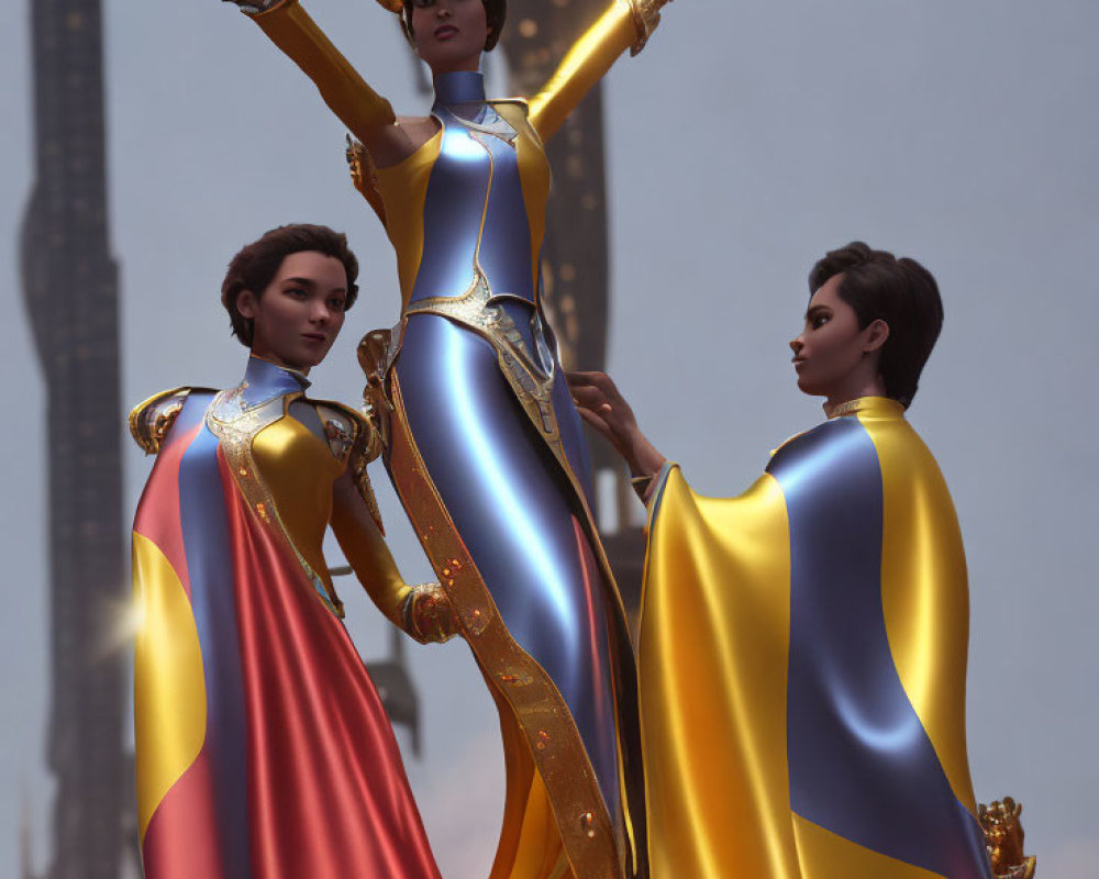 Stylized female characters in futuristic armor with flowing capes and a towering spire.