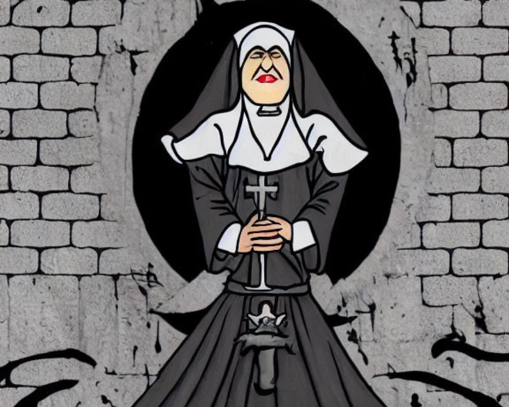 Nun in traditional habit against grey brick wall with yellow graffiti