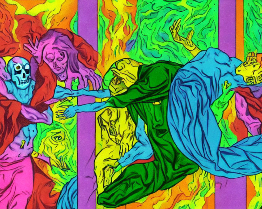 Colorful Psychedelic Illustration of Skeletal and Human Figures