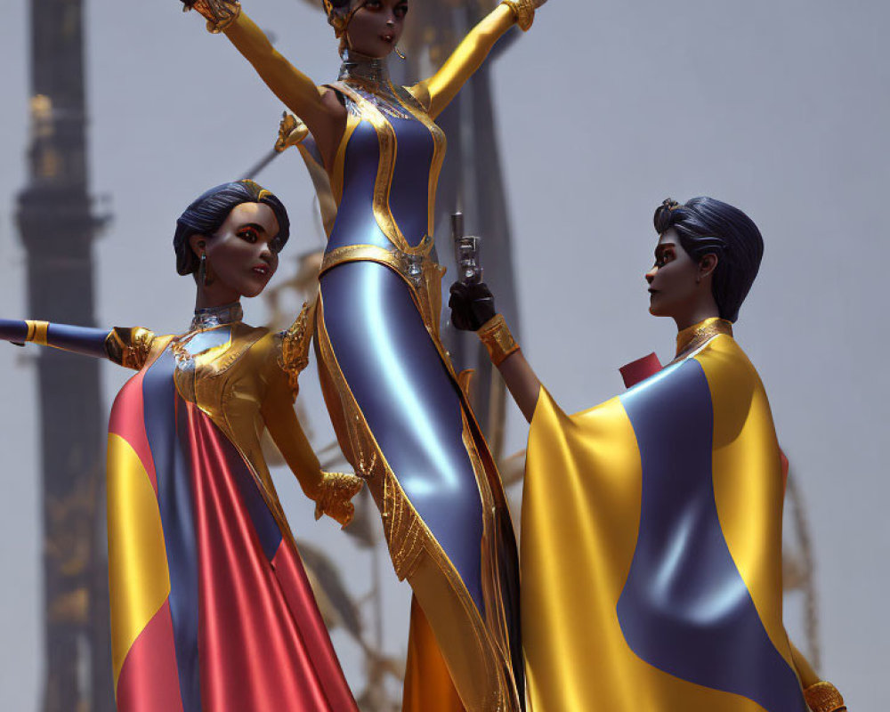 Three stylized female figures in golden and blue outfits with capes pose heroically against a blurred E