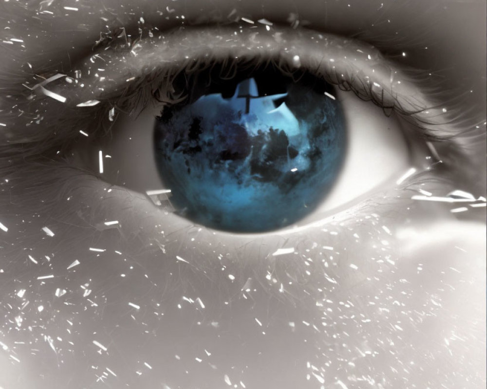 Detailed image: Human eye reflecting blue Earth, surrounded by white particles