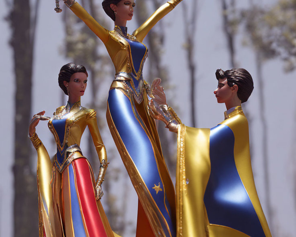 Three dolls in elegant blue and gold gowns with capes, one holding a goblet aloft
