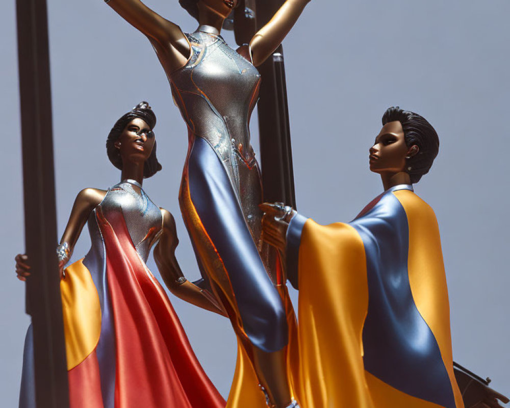 Dynamic superheroine figurines in metallic bodysuits and capes.