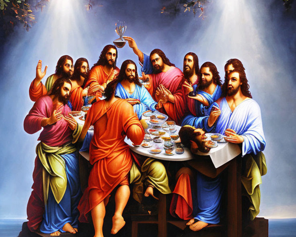Group of Figures around Table with Plates and Cup under Beams of Light