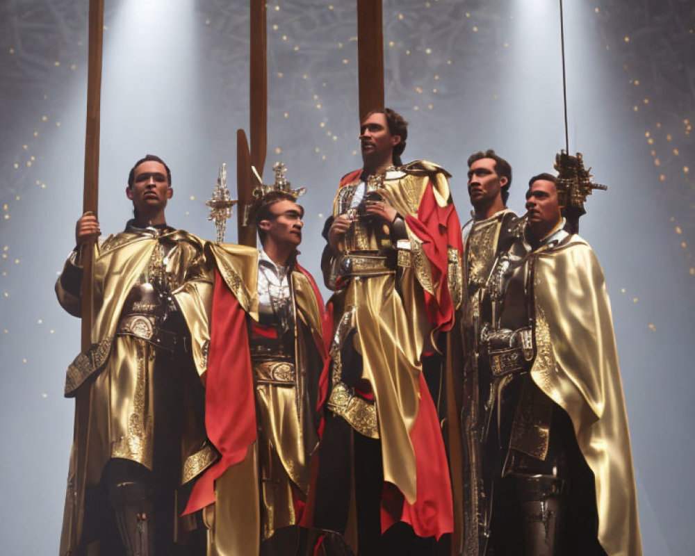 Six individuals in medieval armor and capes with swords and poles in a solemnly lit hall
