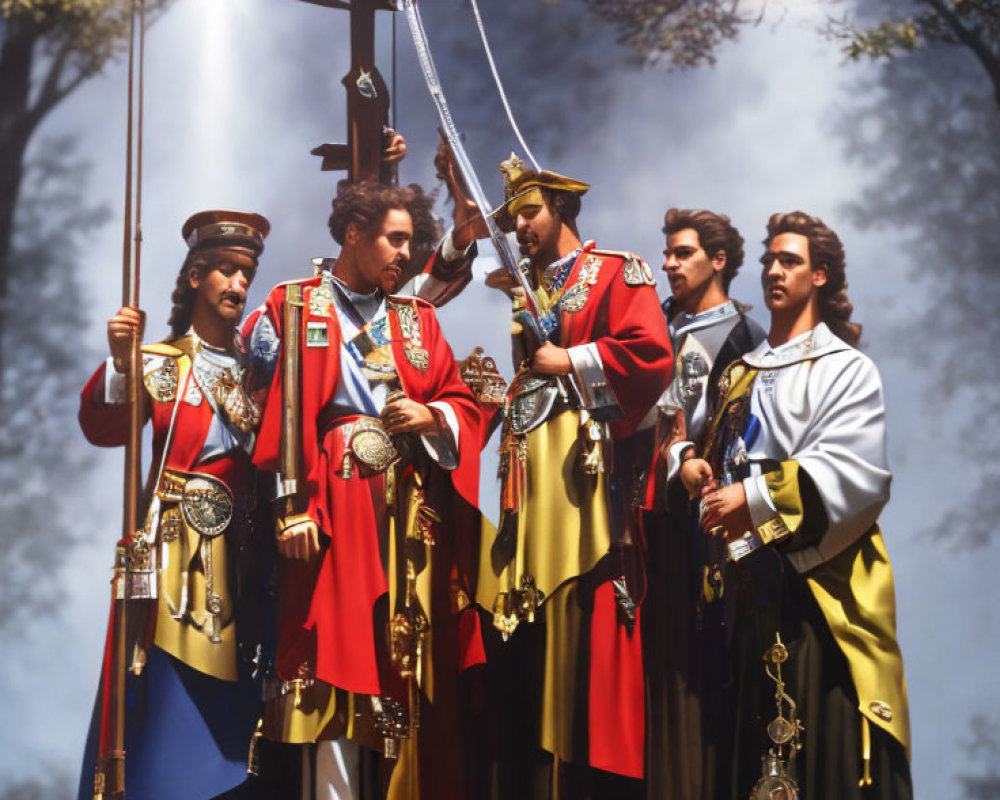 Five Men in Historical Uniforms with Swords and Scales of Justice