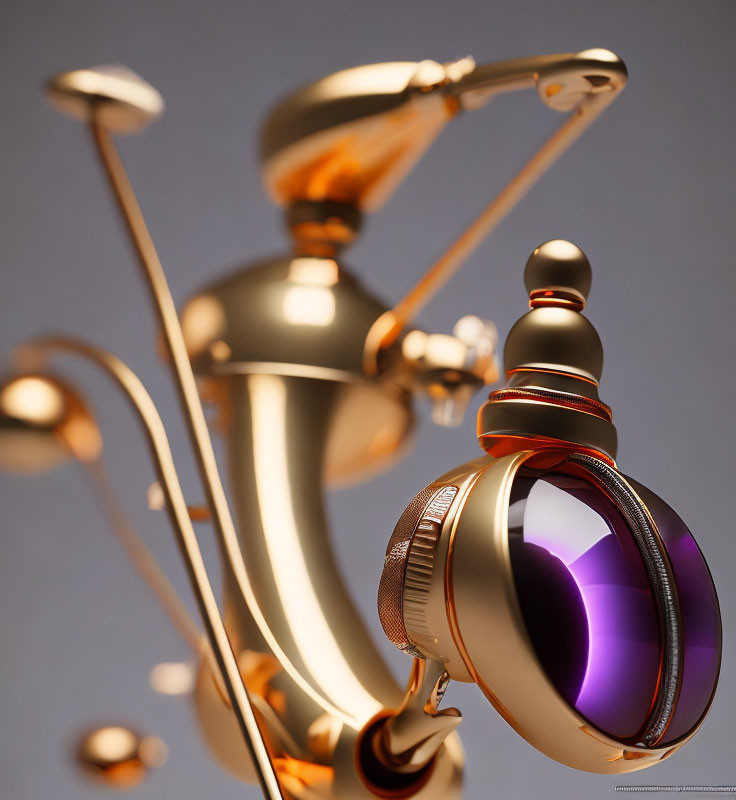 Surreal 3D rendering: Golden mechanical structure with purple-tinted glass