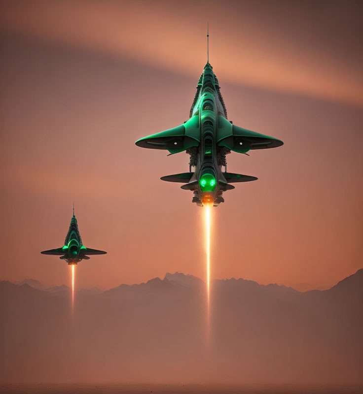 Futuristic green aircraft flying in formation against orange sky