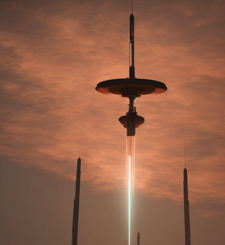 Rocket Launch with Fiery Trail in Orange Dusk Sky