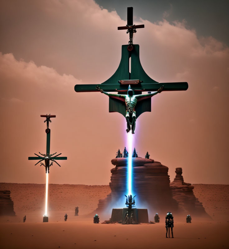 Three towering alien structures emitting light beams on a desert planet with figures nearby