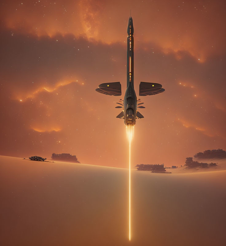 Futuristic spaceship landing on barren planet under orange sky