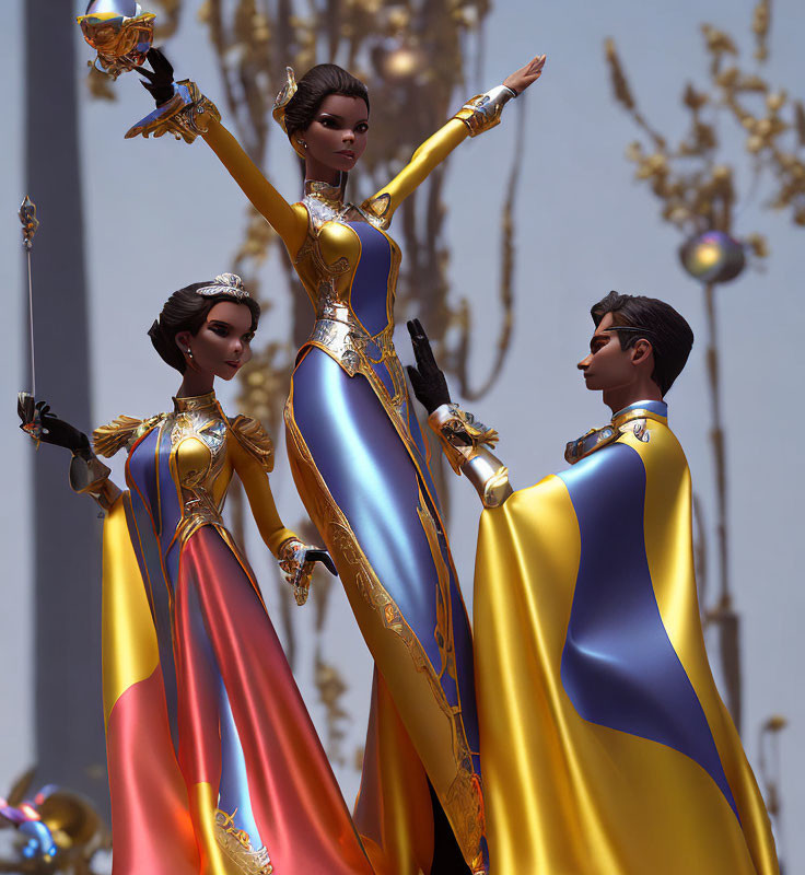 Regal medieval figures in blue and gold costumes with commanding stances