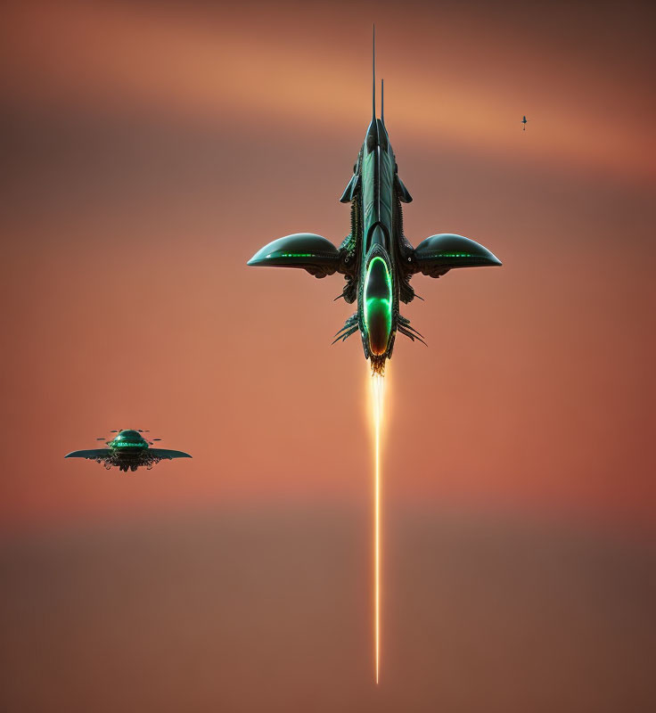 Futuristic fighter jets firing beam weapon in dusky sky