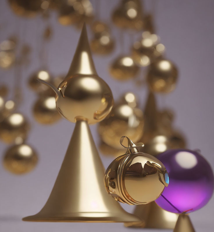 Golden Bells and Purple Sphere in Dreamy Beige Environment