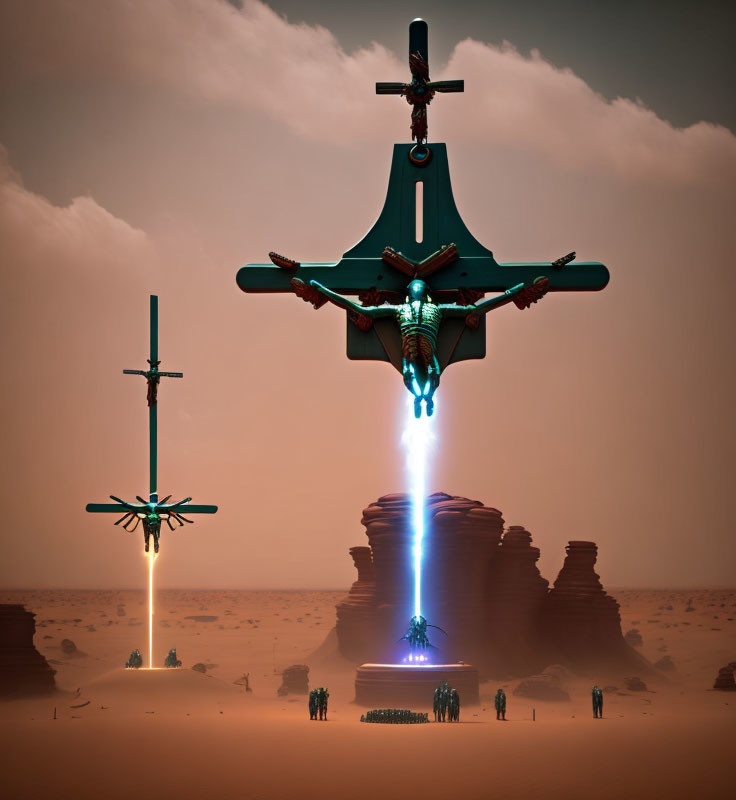 Futuristic ships hover over desert with blue beam and circular structure