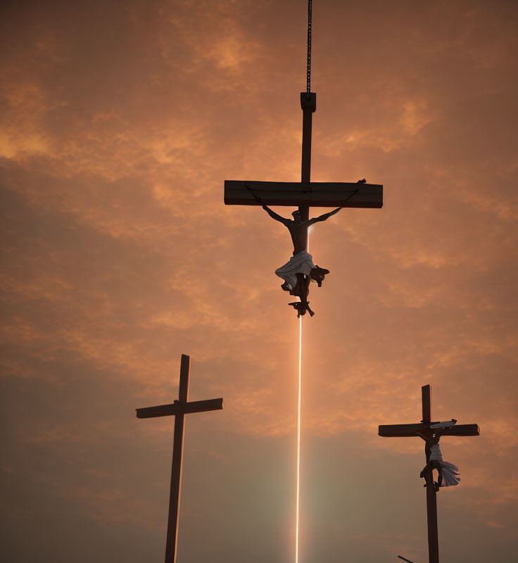 Religious painting: Three crosses under orange sky, central figure emits bright beam