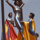 Three individuals in futuristic blue and gold outfits with cape-like extensions against a blurred architectural background