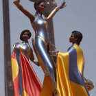 Stylized female characters in futuristic armor with flowing capes and a towering spire.