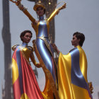 Three stylized female figures in golden and blue outfits with capes pose heroically against a blurred E