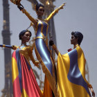 Regal medieval figures in blue and gold costumes with commanding stances