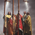 Three robed figures with crosses in light beams.