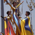 Three individuals in regal costumes with gold trimmings pose against a backdrop of tall trees and a