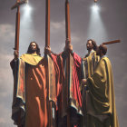 Three people in historical attire with wooden staffs under divine light.