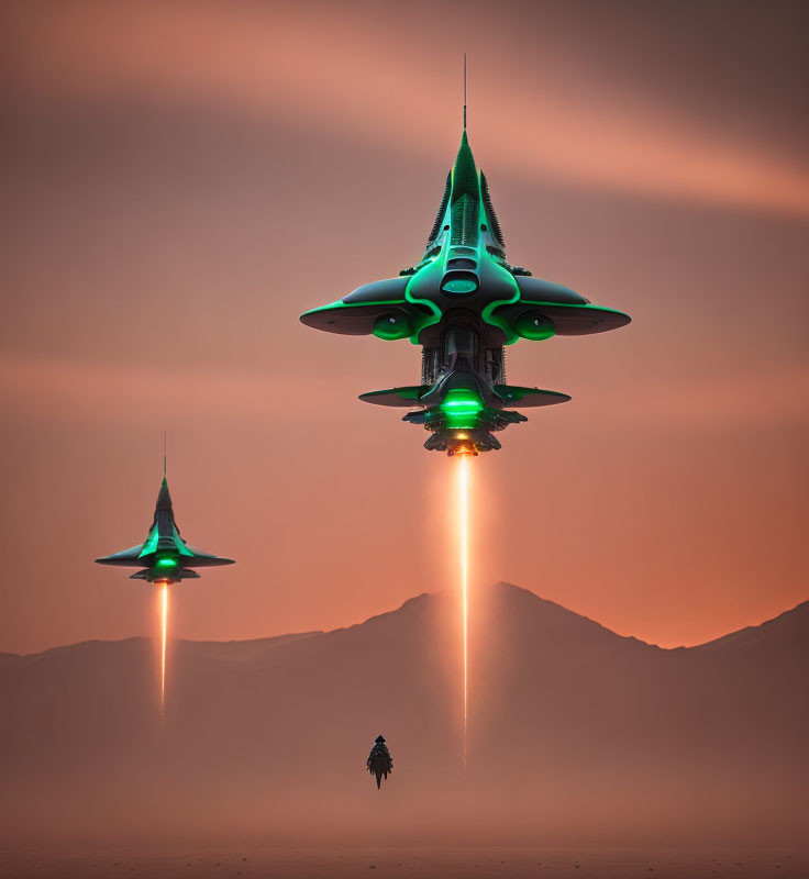 Futuristic spacecraft with bright beams in mountainous landscape