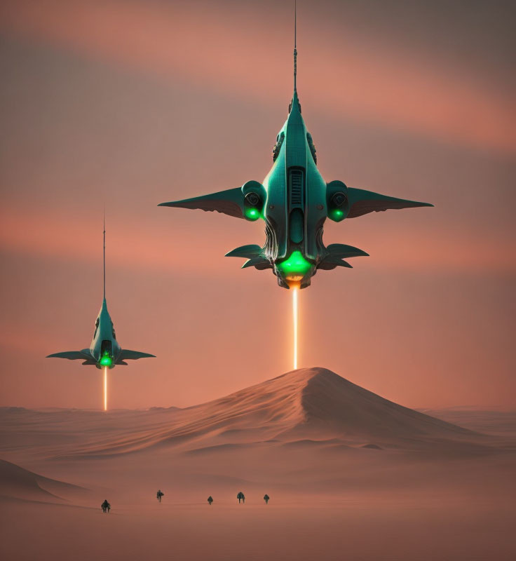 Futuristic spaceships hover over desert at sunset with green lights, people walking.