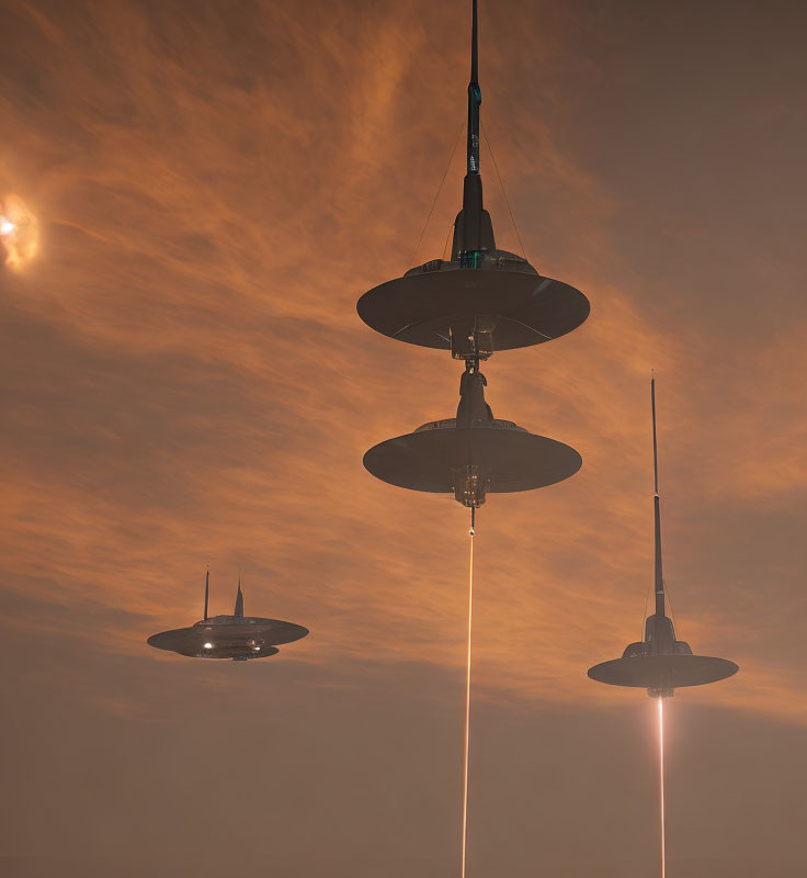 Three UFOs with beaming lights in cloudy orange sky