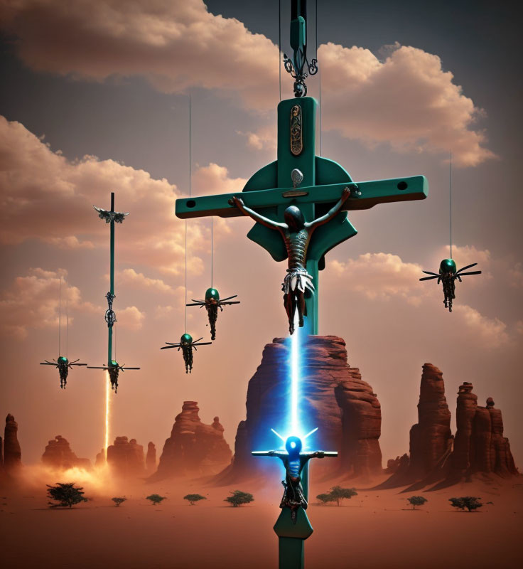 Surreal desert scene with glowing humanoid figures on crosses
