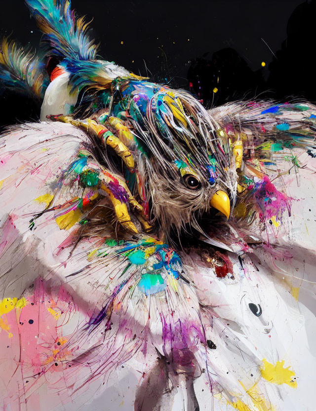 Colorful Bird Artwork Splattered with Paint on Dark Background