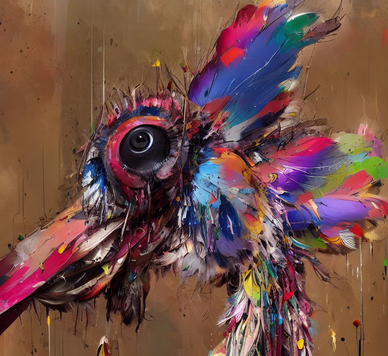 Vibrant abstract bird painting with eye, beak, and dynamic splashes