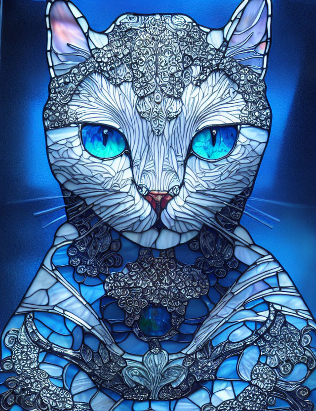 Intricate Lace Patterns Cat Illustration with Vivid Blue Eyes