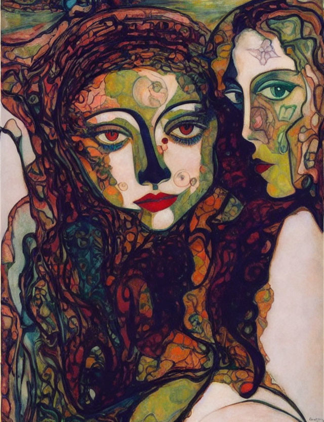 Vibrant Art Nouveau painting of two women with intricate hair and nature motifs