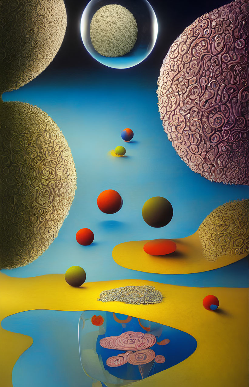Colorful orbs and textured spheres in surreal landscape art
