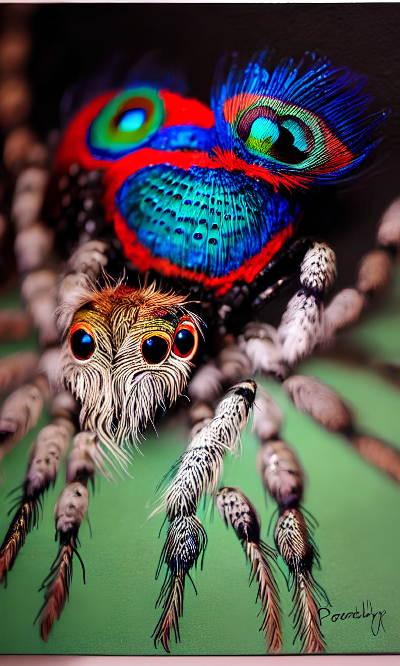 Colorful Illustrated Jumping Spider with Detailed Eyes on Green Surface