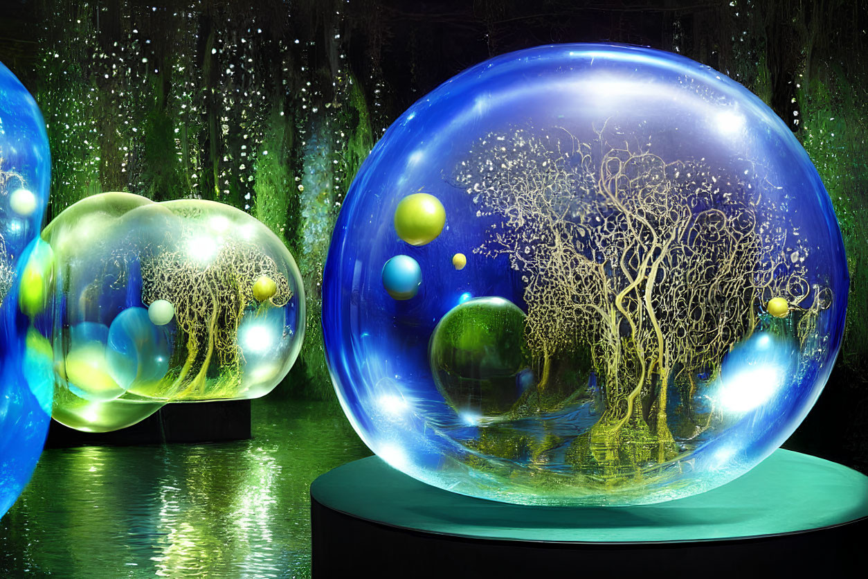 Glass Sculptures: Spherical Designs with Tree and Orb Motifs, Lit in Dark Room