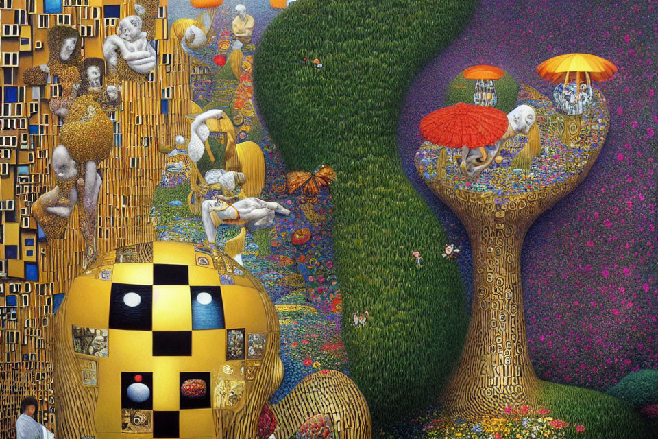 Surreal artwork: golden trees, checkerboard spheres, floating human-like figures