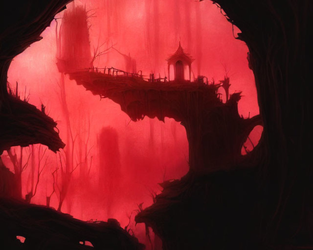 Mystical red forest with bridge and gazebo in foggy setting