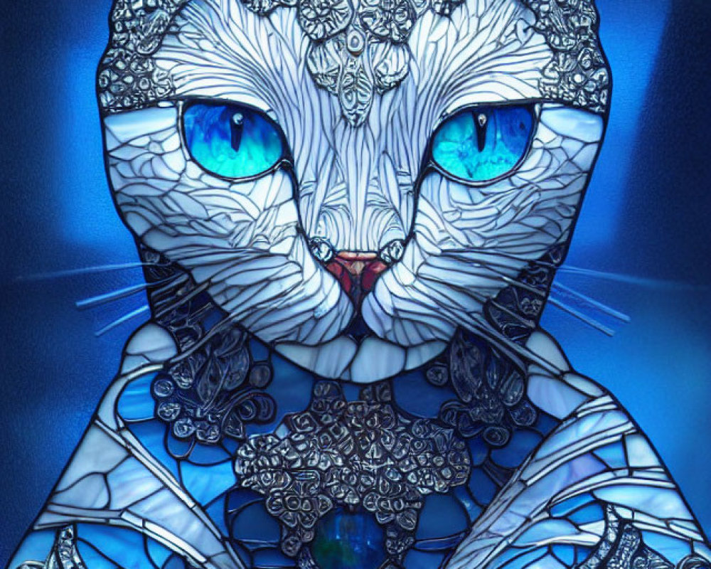 Intricate Lace Patterns Cat Illustration with Vivid Blue Eyes
