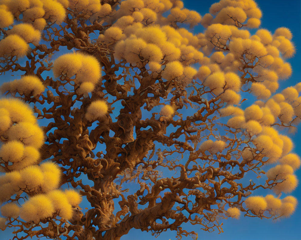 Surreal large tree with fluffy yellow canopies in barren desert landscape