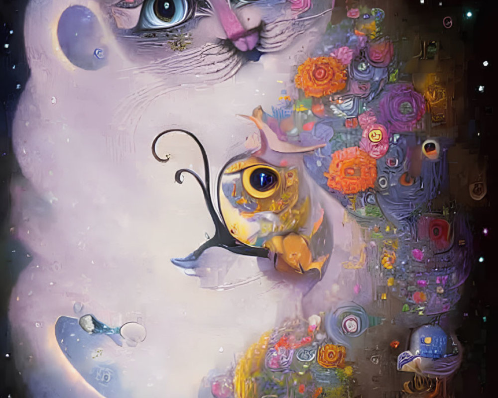 Detailed surreal cosmic cat with fish-like creature among celestial bodies and vibrant flora