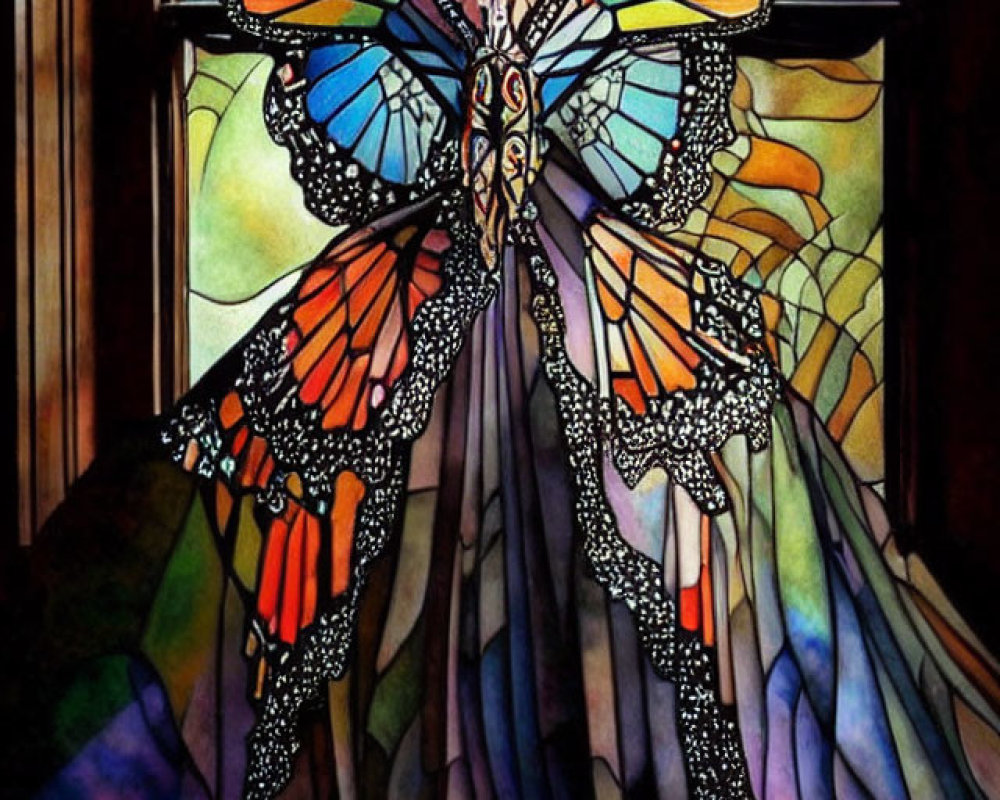 Monarch butterfly-inspired gown in front of vibrant stained glass window