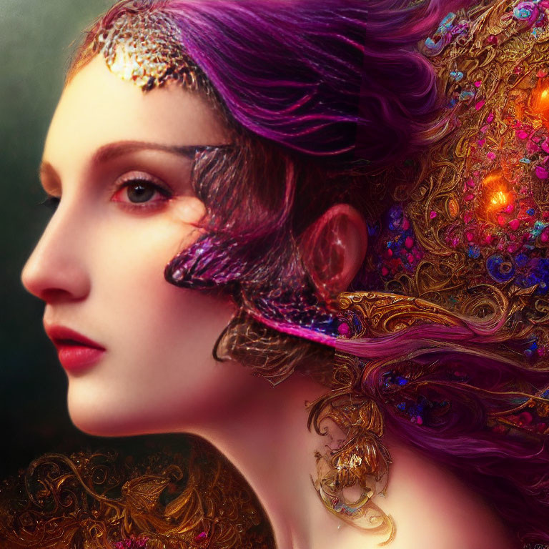 Portrait of woman with purple hair and golden adornments exudes ethereal regal aura